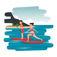 glückliche athletische Mädchen, die das Surfen im Meer üben vektor
