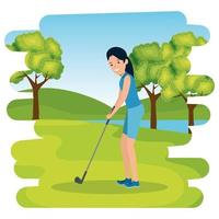 glad atletisk flicka som övar golf i lägret vektor