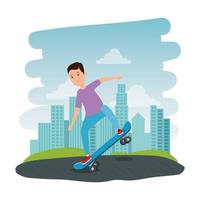 glad ung pojke i skateboard på parkplatsen vektor