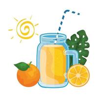 Saft Orangenfruchtglas mit Stroh und Sonne vektor