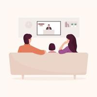 Familie sieht tägliche Nachrichten im Fernsehen. Eltern und Kind sitzen auf der Couch im Wohnzimmer. vektor