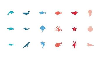 havsdjur ikonuppsättning vektor