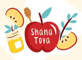 Shana Tova Schriftzug mit Äpfeln frischem Obst und Honig vektor
