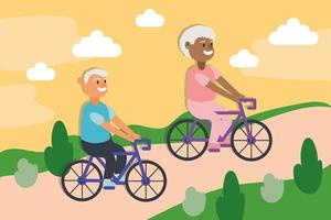 interracial gammalt par som cyklar, aktiva seniorkaraktärer vektor