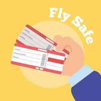 Fly Safe Kampagne Schriftzug Poster mit Händen und Tickets Flug vektor