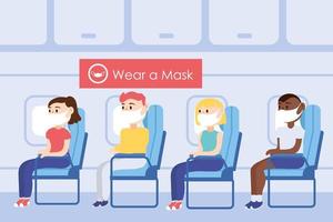 Reisesicheres Kampagnenplakat mit Passagieren, die medizinische Maske in Flugzeugstühlen tragen vektor