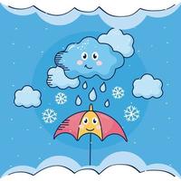 Regenschirm mit wolkenregen kawaii Wetter Comicfigur vektor