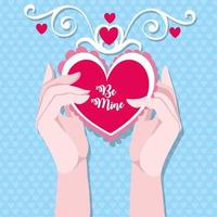 glückliche Valentinstagskarte mit Hand, die ein Herz hebt vektor