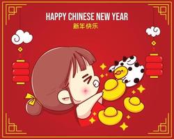 glad tjej och söt ko som håller kinesiskt guld, lyckligt kinesiskt nyårsfirande tecknad karaktärsillustration vektor