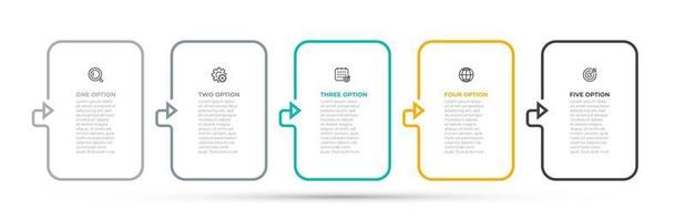 Vektor Infografik dünne Linie Pfeil Design Label mit Marketing-Ikonen. Geschäftskonzept mit 5 Optionen, Schritten, Teilen. kann für Workflow-Diagramm, Geschäftsbericht, Präsentation verwendet werden.