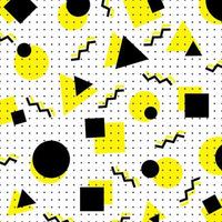 abstrakter gelber und schwarzer geometrischer Kreis, Quadrat, Dreiecksmuster auf weißem Hintergrund Memphis-Stil. vektor