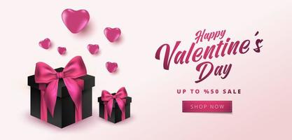 Valentinstag Verkauf 50 aus Poster oder Banner mit Herzen und realistische Geschenkbox auf zartem rosa Hintergrund. Einkaufs- und Verkaufsförderungsvorlage für Valentinstag-Konzeptentwurf. vektor
