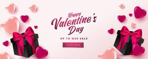 Valentinstag Verkauf 50 aus Poster oder Banner mit Herzen und realistische Geschenkbox auf zartem rosa Hintergrund. Einkaufs- und Verkaufsförderungsvorlage für Valentinstag-Konzeptentwurf. vektor