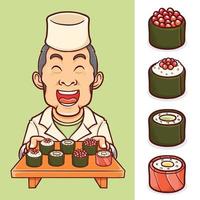 isolerad sushi japansk mat med kockens teckenuppsättning vektor