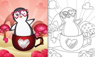 Malbuch für Kinder mit einem niedlichen Pinguin in der Tasse zum Valentinstag vektor