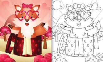 Malbuch für Kinder mit einem niedlichen Fuchs in der Geschenkbox zum Valentinstag vektor