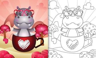 målarbok för barn med en söt flodhäst i koppen för alla hjärtans dag vektor