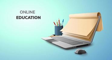 digital föreläsning online utbildning tomt papper och examen hatt på laptop webbplats bakgrund. socialt distans koncept vektor