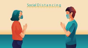 social distansering, människor håller avstånd och undviker fysisk kontakt, handskakning eller handrörelse för att skydda från covid-19 coronavirus-spridningskoncept, människor använder thailändsk hälsning av sawasdee vektor