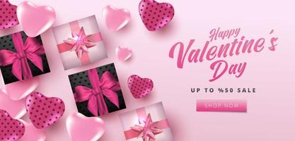 Valentinstag Verkauf 50 aus Poster oder Banner mit Herzen und realistische Geschenkbox auf zartem rosa Hintergrund. Einkaufs- und Verkaufsförderungsvorlage für Valentinstag-Konzeptentwurf. vektor