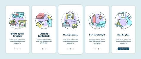 Hygge Lifestyle für gemütlichen Winter Onboarding Mobile App Seite Bildschirm mit Konzepten vektor