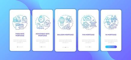 Hypothekentypen Onboarding Mobile App Seite Bildschirm mit Konzepten vektor