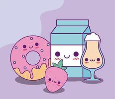 kawaii Donut Milchbox Erdbeere und Kaffeetasse Vektor-Design vektor