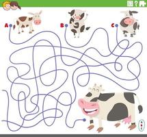 pädagogisches Labyrinthspiel mit Comic-Kälbern und Kuh vektor