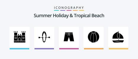 Beach Glyph 5 Icon Pack inklusive . Boot. Kleidung. Strand. Wasserball. kreatives Symboldesign vektor