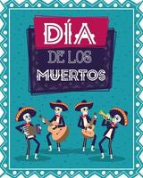 dia de los muertos-kort med mariachis-skalle som spelar instrument vektor