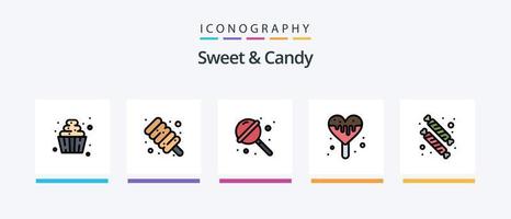 mit süßen und süßen Linien gefülltes 5-Icon-Pack inklusive Lollipop. Süßigkeiten. Süßigkeiten. Essen. Zuckerwatte. kreatives Symboldesign vektor