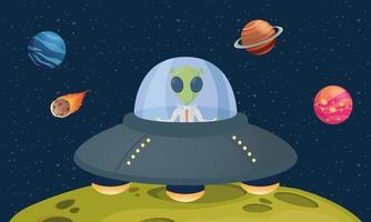 Alien-Comicfigur in UFO mit Planetenszene vektor