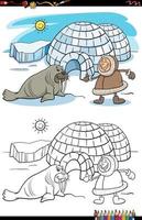 Cartoon Eskimo mit Iglu und Walross Malbuch Seite vektor