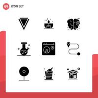 9 solides Glyphen-Konzept für mobile Websites und Apps helfen dem Browser, bearbeitbare Vektordesign-Elemente für Trank-Demo-Flaschen zu glänzen vektor