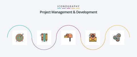Projektmanagement und Entwicklungslinie gefülltes flaches 5-Icon-Paket einschließlich Fokusgruppe. Datenmanagement. Stift. Datenintegration. Kasten vektor