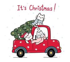 söta glada katter med julgran på röd lastbil vektor