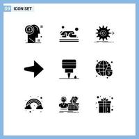 9 solides Glyphenkonzept für mobile Websites und Apps Engine Pfeil Gebetsausrüstung editierbare Vektordesign-Elemente vektor