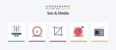 SEO und Media Flat 5 Icon Pack inklusive Medien. suchen. Ernte. Optimierung. Motor. kreatives Symboldesign vektor