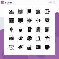 Piktogrammsatz aus 25 einfachen soliden Glyphen der Entwicklungscodierung einer regulären App, bei der bearbeitbare Vektordesignelemente fehlen vektor