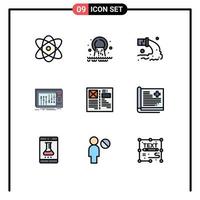 Piktogramm-Set aus 9 einfachen Filledline-Flachfarben von Grid-Browser-Abfall-Blog-Musik-editierbaren Vektordesign-Elementen vektor