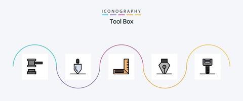 Werkzeugzeile gefülltes flaches 5-Icon-Paket mit Werkzeugen. Geschirr. Tischler. Essen. Stift vektor