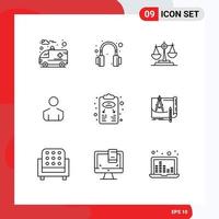 Stock Vector Icon Pack mit 9 Zeilenzeichen und Symbolen für Businessplan Mann Richter männliche Skala editierbare Vektordesign-Elemente