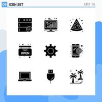 Aktienvektor-Icon-Pack mit 9 Zeilenzeichen und Symbolen für die Einstellung von Benutzerausrüstung, offen bearbeitbare Vektordesign-Elemente vektor