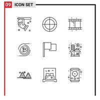 Stock-Vektor-Icon-Pack mit 9 Zeilenzeichen und Symbolen für die Flagge dezentralisierter Film-Kryptowährung Bitcoin editierbare Vektordesign-Elemente vektor