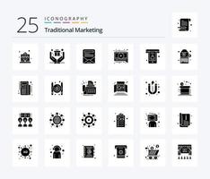 Traditionelles Marketing 25 solides Glyphen-Icon-Pack inklusive Barcode. Telefon. E-Mail-Newsletter. Anrufe. Video vektor