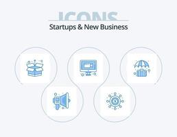 Start-ups und neue Unternehmen Blue Icon Pack 5 Icon Design. Fall. Tasche. Kasten. Online-Meeting. treffen vektor