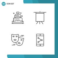 Piktogrammsatz von 4 einfachen gefüllten flachen Farben von Kuchen Gesichtsmasken Hochzeitsstand App teilen editierbare Vektordesign-Elemente vektor