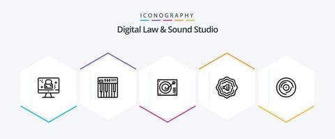 Digital Law and Sound Studio 25-Zeilen-Icon-Pack inklusive Jonglieren. schlagen. Musik. Akkustik. Spieler vektor