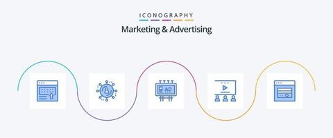 Marketing und Werbung Blue 5 Icon Pack inklusive Geldautomat. Videowerbung. Werbung. Social-Media-Marketing. Werbung vektor