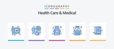 hälsa vård och medicinsk blå 5 ikon packa Inklusive bok. medicin. telefon. medicinsk. medicin. kreativ ikoner design vektor